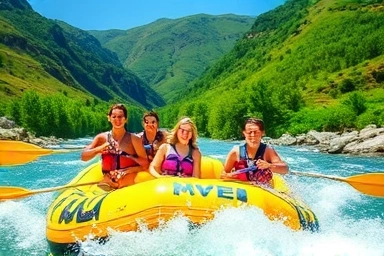 Beginner rafting on a scenic river with friends